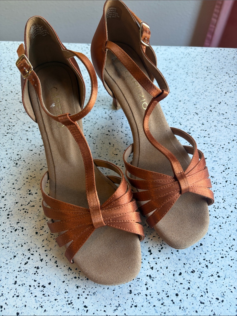 Women’s Strappy Metallic Brown T-Strap Dance Heels 9.3 copper suede sole